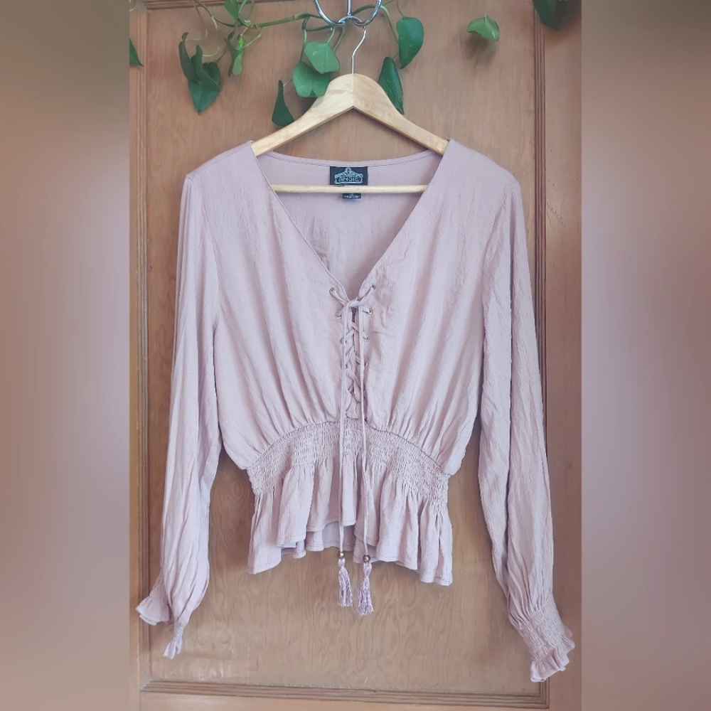 Angie Blush Long Puff Sleeve Smocked Top with Tassles